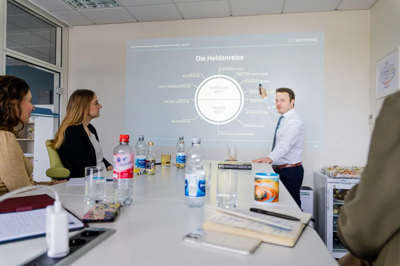 Trainer erklärt die Heldenreise in einem Storytelling-Workshop vor Teilnehmenden