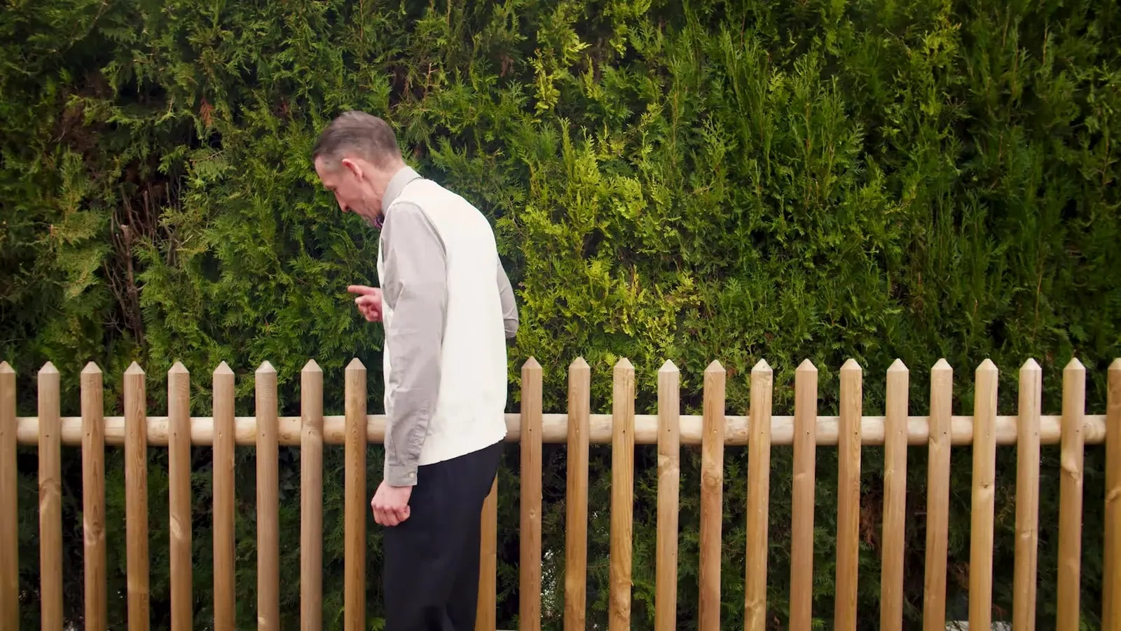 Mann in Pullunder steht an einem Holzzaun vor einer hohen Hecke