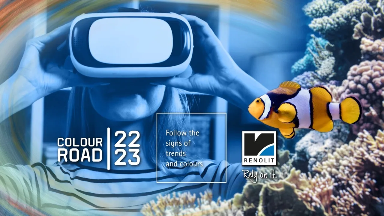 Frau mit VR-Brille, daneben ein Clownfisch vor einem Korallenriff, Schriftzug „Colour Road 22/23“ und RENOLIT-Logo