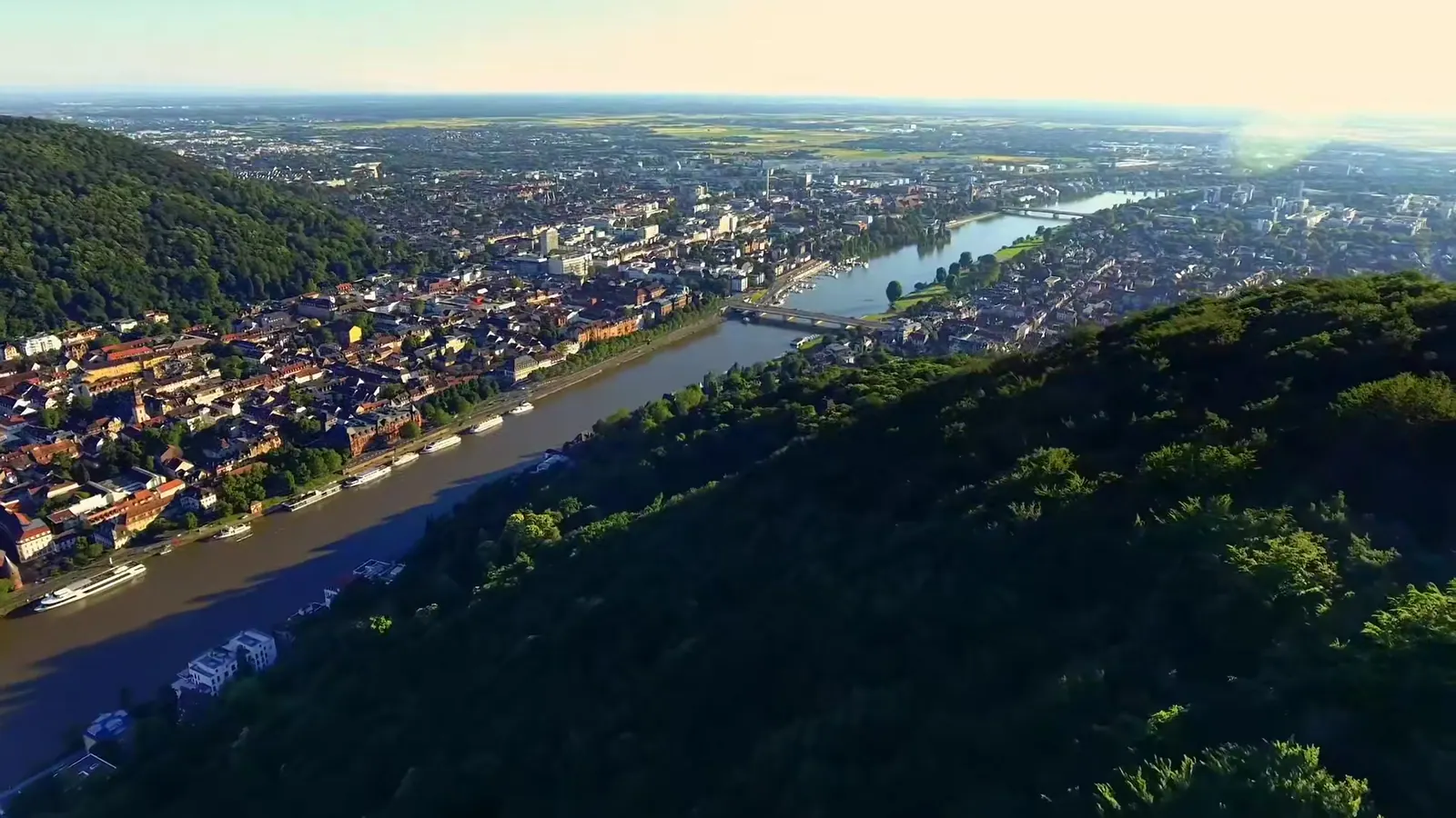 Luftbild von Heidelberg mit Neckar und bewaldeten Hängen