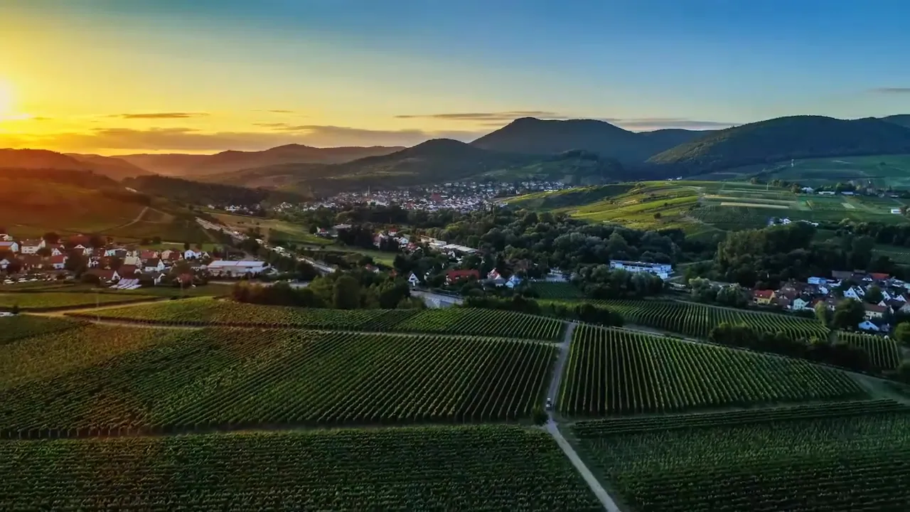 Luftbild von Weinbergen, Dörfern und Mittelgebirge bei Sonnenuntergang