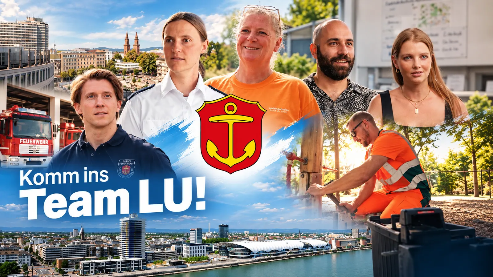 Vorschaubild der Recruiting-Kampagne: Mitarbeitende der Stadt Ludwigshafen vor dem Stadtpanorama, mit Stadtwappen und „Komm ins Team LU!“